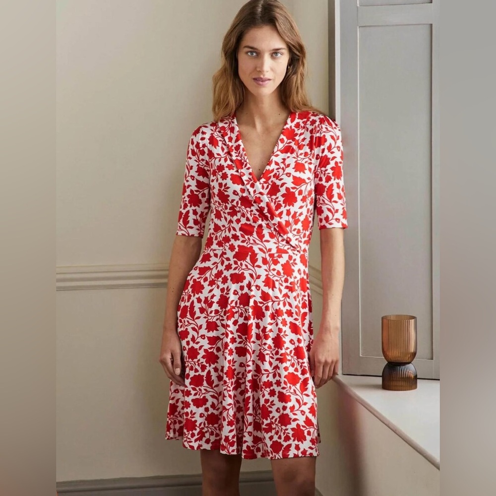 Boden Fixed Wrap Jersey Dress Floral Botanical Print Red and  White - Size 8R
